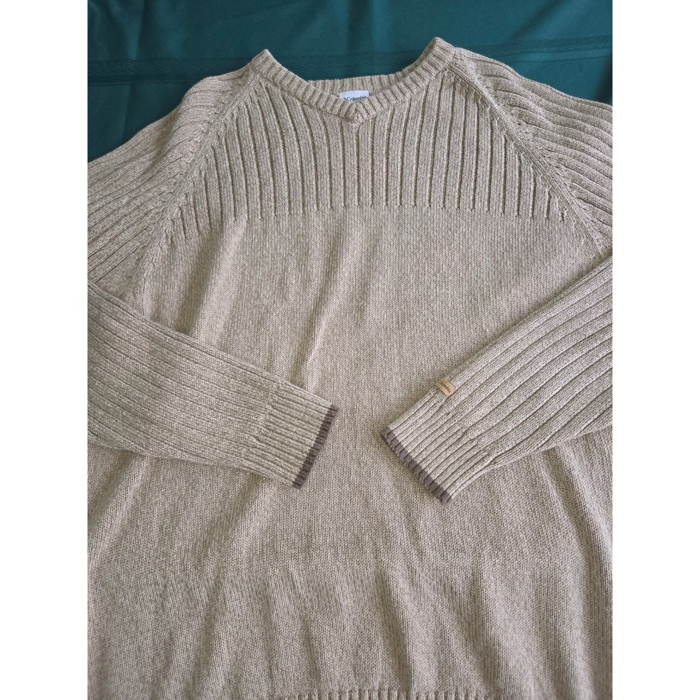 Columbia Mens XL Tan Oatmeal Ribbed Knit V-Neck Pullover Sweater Raglan Sleeve
